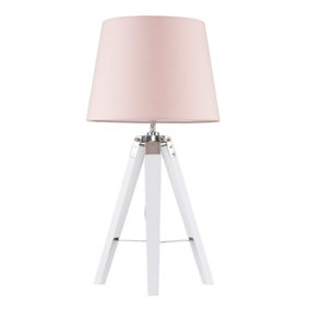 ValueLights Modern White Wood And Silver Chrome Tripod Table Lamp With Pink Shade