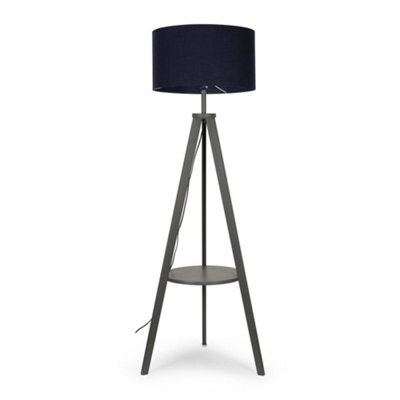 ValueLights Morrigan Grey Wood Shelf Tripod Floor Lamp with Navy Drum Shade and Bulb