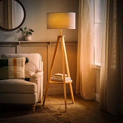 ValueLights Morrigan Light Wood Tripod Design Floor Lamp with Storage Shelf and Grey Drum Shade