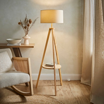 ValueLights Morrigan Natural Wood Shelf Tripod Floor Lamp with Drum Shade and Bulb