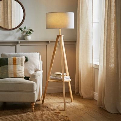 ValueLights Morrigan Natural Wood Shelf Tripod Floor Lamp with Grey Drum Shade and Bulb