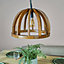 ValueLights Natural Brown Wooden Cage Dome Ceiling Pendant Light Fitting With Black Metal Chain