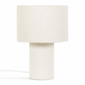 ValueLights Natural Cream Boucle Bedside Table Lamp with a Drum Lampshade - Bulb Included