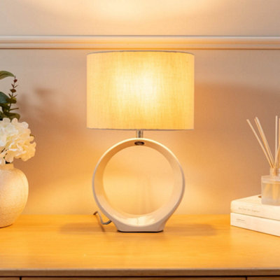 ValueLights Natural Hoop Ceramic Bedside Table Lamp with a Fabric Lampshade Living Room Light