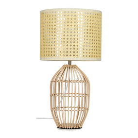 ValueLights Natural Rattan Cylinder Table Lamp With Cream Woven Rattan Wicker Shade