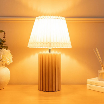 ValueLights Natural Wood Bedside Table Lamp with a White Pleated