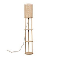 ValueLights Natural Wooden 3 Tier Floor Lamp with Bamboo Shade and Storage Shelves