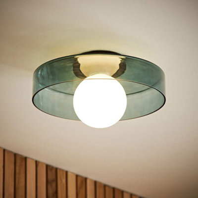 ValueLights Newbury Jade Green Glass IP44 Flush Ceiling Light and Bulb