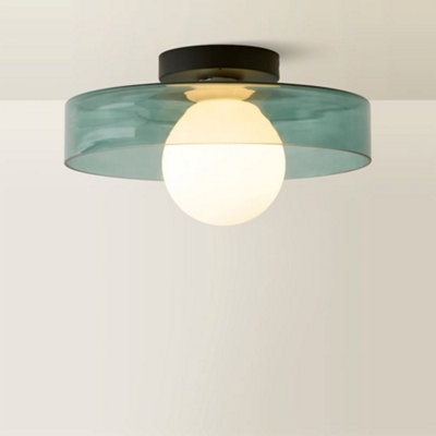 ValueLights Newbury Jade Green Glass IP44 Flush Ceiling Light and Bulb