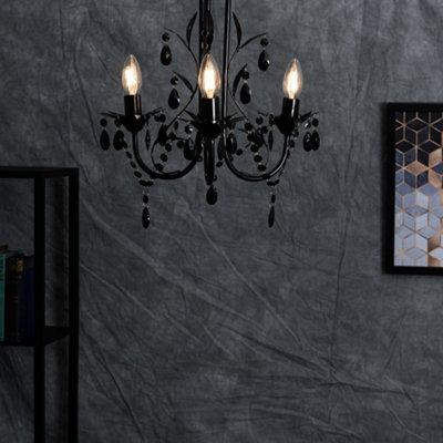 ValueLights Odelia Black Shabby Chic 3 Way Ceiling Light Chandelier with Black Acrylic Jewel with LED Bulb