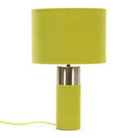 ValueLights Olive Green Velvet and Silver Chrome Bedside Table Lamp with a Drum Lampshade