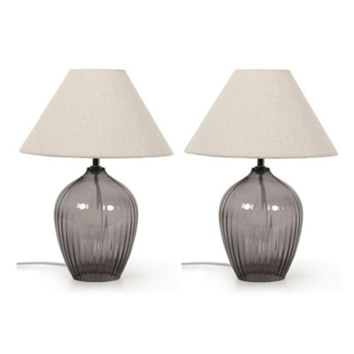 ValueLights Olivet Pair of Grey Glass Table Lamps with Fabric Tapered Lampshade Bedside Light - Bulbs Included