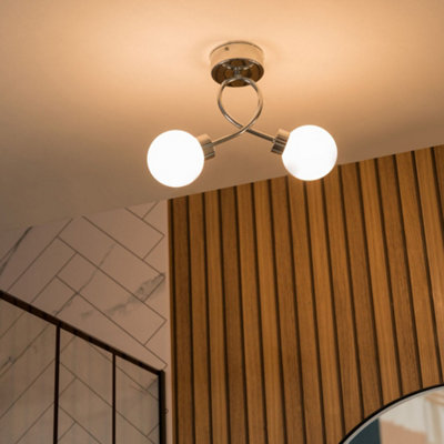 ValueLights Orbital 2 Way Chrome Metal Twist Ceiling Light IP44 Bathroom Ceiling Fitting Opal Glass Globe Lamp Shade