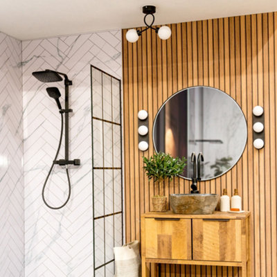 ValueLights Orbital Black 2 Way Opal Glass IP44 Bathroom Ceiling Light with Warm LED Bulbs
