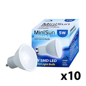 ValueLights Pack of 10 Dimmable 5W SMD LED GU10 Super Bright Thermo Plastic Light Bulbs 6500K Cool White