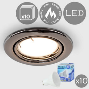 ValueLights Pack of 10 Fire Rated Black Chrome Tiltable GU10 Recessed Ceiling Downlights 5w LED Bulbs 3000K Warm White