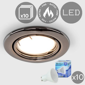 ValueLights Pack of 10 Fire Rated Black Chrome Tiltable GU10 Recessed Ceiling Downlights 5w LED Bulbs 6500K Cool White