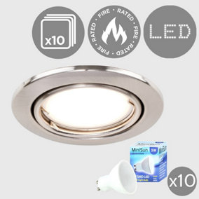 ValueLights Pack of 10 Fire Rated Chrome Tiltable GU10 Recessed Ceiling Downlights Complete with 5w LED Bulbs 6500K Cool White
