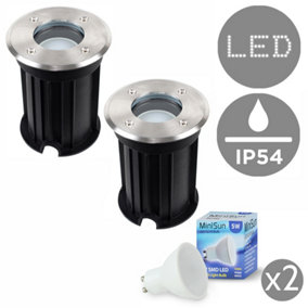 ValueLights Pack of 2 Bushed Chrome IP54 Rated Outdoor Garden Walk Over Lights Complete with 5w GU10 LED Bulbs 3000K Warm White