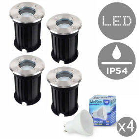 ValueLights Pack of 4 Bushed Chrome IP54 Rated Outdoor Garden Walk Over Lights Complete with 5w GU10 LED Bulbs 3000K Warm White
