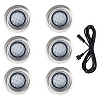 ValueLights Pack of 6 40mm White LED Round IP67 Rated Garden Decking/Kitchen Plinth Lights Kit - Includes 3M Extension Cable