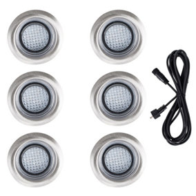 ValueLights Pack of 6 40mm White LED Round IP67 Rated Garden Decking/Kitchen Plinth Lights Kit - Includes 3M Extension Cable
