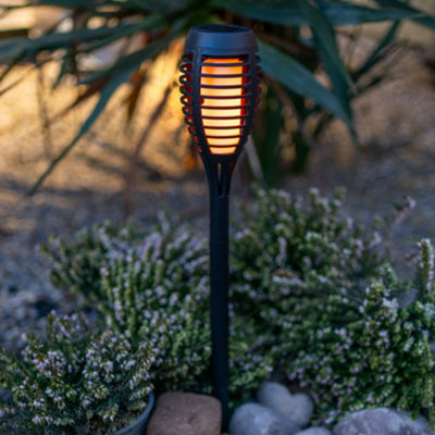 ValueLights Pack of 6 - Solar Powered Black Spike Lights with Flame Effect, Solar Stake Light for Outdoor Garden Path