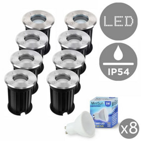 ValueLights Pack of 8 Bushed Chrome IP54 Rated Outdoor Garden Walk Over Lights Complete with 5w GU10 LED Bulbs 3000K Warm White