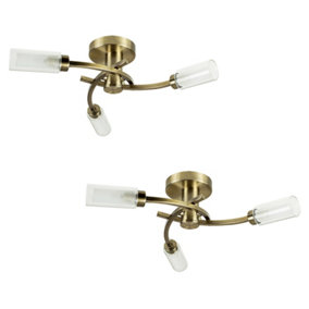 ValueLights Pair Of 3 Way Spiral Flush Antique Brass Effect Ceiling Light Fittings With Glass Shades