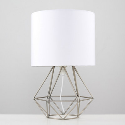 ValueLights Pair Of Angus Modern Geometric Chrome Cage Beside Table Lamps With White Fabric Shades