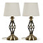 ValueLights Pair of Antique Brass Twist Table Lamps with a Fabric Lampshade Bedroom Bedside Light - Bulbs Included