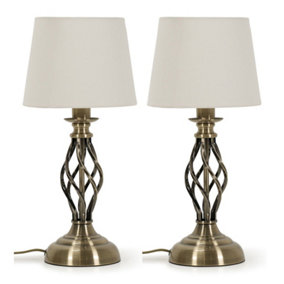 ValueLights Pair of Antique Brass Twist Table Lamps with a Fabric Lampshade Bedroom Bedside Light - Bulbs Included