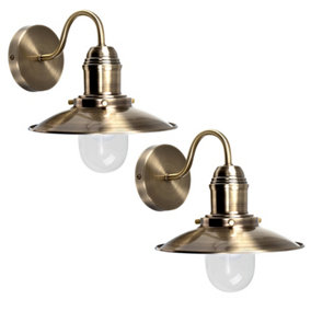 ValueLights Pair Of Antiqued Brass Effect Metal And Glass Retro Fisherman's Lantern Wall Lights