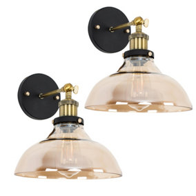 ValueLights Pair Of Black Gold Wall Light Fittings With Amber Tinted Glass Wide Shades