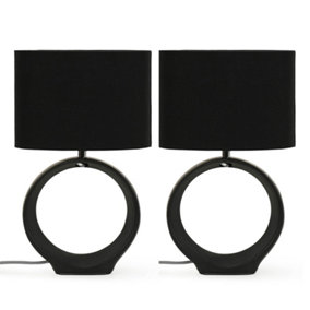 ValueLights Pair of Black Hoop Ceramic Bedside Table Lamps with a Fabric Lampshade Living Room Light - Bulbs Included