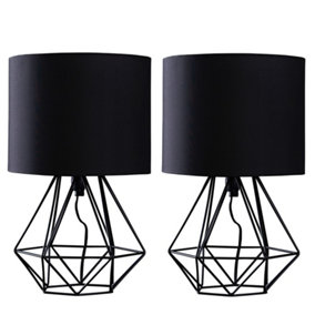 ValueLights Pair of Black Metal Basket Cage Bed Side Table Lamps with Black Fabric Shades And LED Bulbs In Warm White