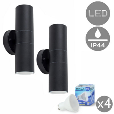 ValueLights Pair of Black Stainless Steel Outdoor Up/Down Wall Lights IP44 Rated Complete with 5w GU10 LED Bulbs 3000K Warm White