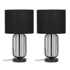 ValueLights Pair of Black Wire Cage Metal Bedside Dimmer Touch Table Lamps with Fabric Drum Lampshade - Bulbs Included