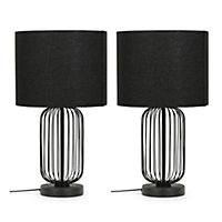 ValueLights Pair of Black Wire Cage Metal Bedside Dimmer Touch Table Lamps with Fabric Drum Lampshade