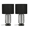 ValueLights Pair of Black Wire Cage Metal Bedside Dimmer Touch Table Lamps with Fabric Drum Lampshade
