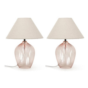 ValueLights Pair of Blush Pink Glass Table Lamps with Fabric Tapered Lampshade Bedside Light - Bulbs Included