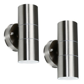 ValueLights Pair of - Brushed Chrome Outdoor Garden Up/Down Security Wall Lights - IP44 Rated With 5w GU10 LED Bulbs In Warm White