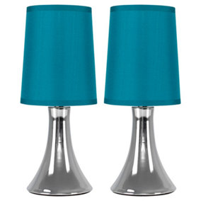 ValueLights Pair of Brushed Chrome Touch Dimmer Bedside Table Lamps with Blue Cylinder Light Shades