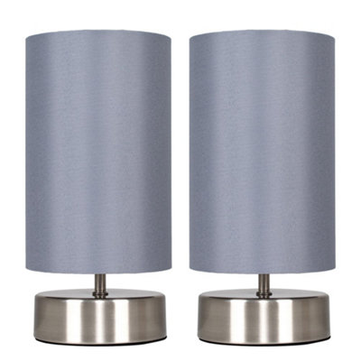 ValueLights Pair Of Brushed Chrome Touch Dimmer Bedside Table Lamps With Grey Cylinder Light Shades