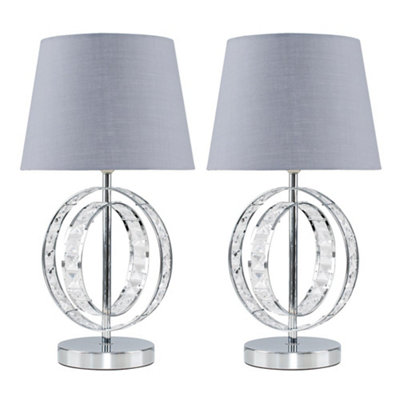 ValueLights Pair of Chrome Acrylic Jewel Double Hoop Table Lamps with Grey Light Shades