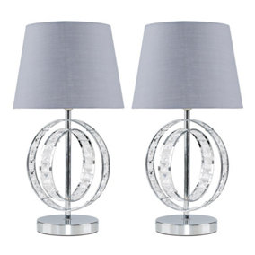 ValueLights Pair Of Chrome Acrylic Jewel Intertwined Double Hoop Design Touch Table Lamps With Grey Light Shades