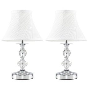 ValueLights Pair of Chrome and Glass Touch Table Lamps with Pleated White Shades And LED Candle Bulbs In Warm White