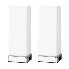 ValueLights Pair Of Chrome And White Modern Frosted Glass Bedside Touch Table Lamps With USB Charging Ports