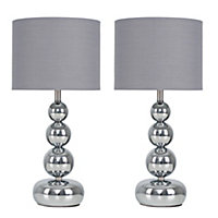 ValueLights Pair Of Chrome Stacked Balls Table Lamps With Grey Faux Silk Shades