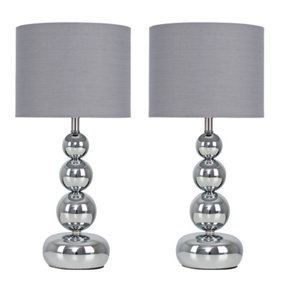 ValueLights Pair Of Chrome Stacked Balls Table Lamps With Grey Faux Silk Shades